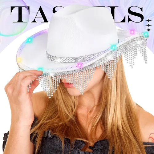 Miniatura 5 de Sombrero de vaquera con diamantes de imitación, sombrero de vaquero con flecos, sombrero occidental con purpurina para hombres y mujeres, disfraz