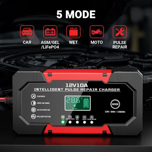 Miniatura 6 de Cargador de Batería 10A 12V Cargador de Batería de Coche Completamente Automático Inteligente con Pantalla LCD y Compensación de Temperatura