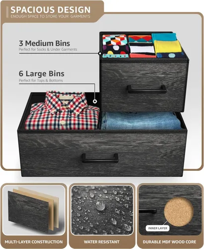 Miniatura 6 de Sorbus Cómoda con 9 cajones de madera sintética, organizador de almacenamiento para ropa, dormitorio, pasillo, sala de estar, armario y muebles