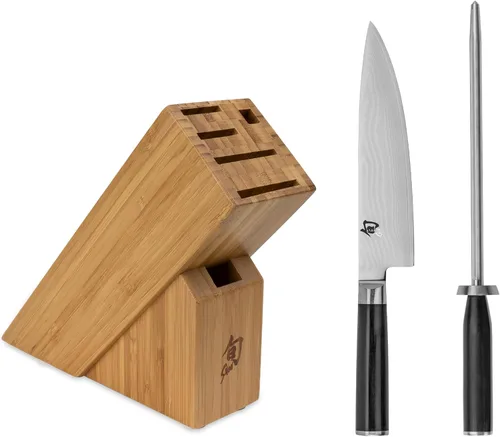 Shun Juego clásico de 3 piezas Build-A-Block, incluye cuchillo de chef de 8 pulgadas, acero para afilar y bloque, juego de cuchillos japoneses