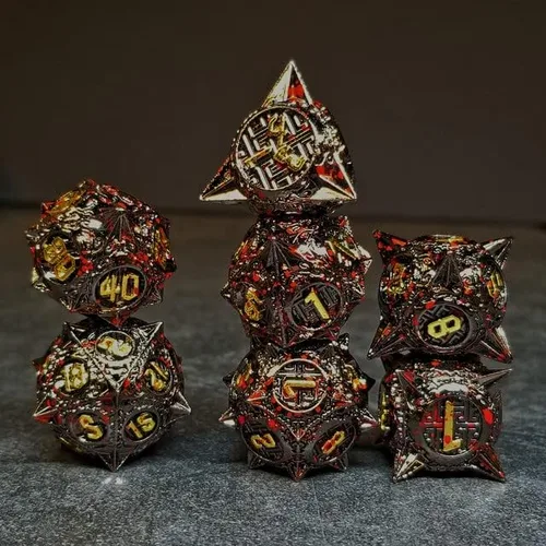 Miniatura 2 de Sage's Portal Enchanted Morning Stars - Juego de 7 dados poliédricos de metal con pinchos para Dungeons and Dragons TTRPG Pathfinder Negro/Oro/Sangre