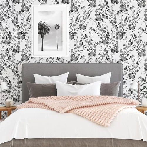 Miniatura 5 de VEELIKE Chinoiserie - Papel tapiz floral bohemio para despegar y pegar en blanco y negro, 17.7 x 118 pulgadas, decoración de pared autoadhesivo