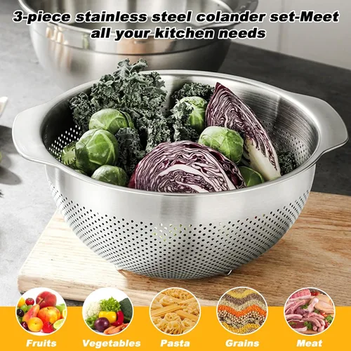 Miniatura 3 de Juego de 3 coladores de acero inoxidable para cocina, colador de pasta para arroz, alimentos, frutas, espaguetis y verduras