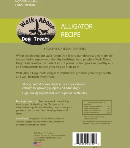 Miniatura 3 de Walk About Pet, WA10016, golosinas de carne seca para perros, sin granos, sin gluten, proteína de fuente única, receta de cocodrilo, bolsa