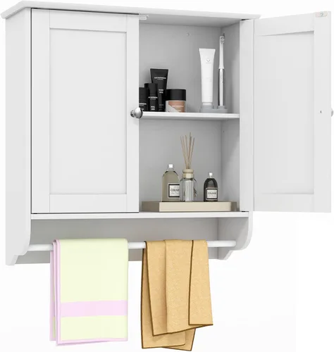 Miniatura 10 de Tangkula Armario de baño montado en la pared, botiquín de baño con barra y puerta doble, estante ajustable, almacenamiento sobre el inodoro, Marrón