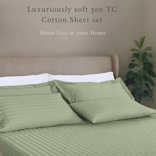 Miniatura 2 de Threadmill Juego de ropa de cama de algodón de lujo de 500 hilos tamaño Queen de 4 piezas, sábanas suaves y sedosas de color verde salvia con Rayas