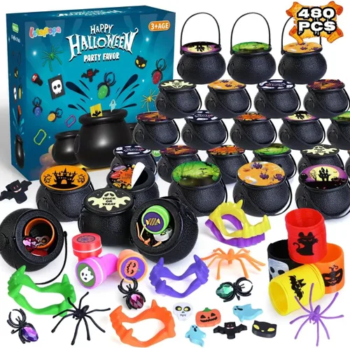 Letapapa 480 piezas de recuerdos de fiesta de Halloween para niños, paquete de 60 caldero de bruja de plástico pequeño precargado con varios