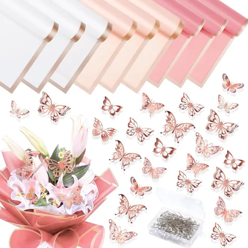 Miniatura 8 de Whaline Juego de ramilletes de boda, 100 piezas, ramilletes de boda, 48 piezas de decoración de pared de mariposa de oro rosa 3D, 15 hojas de papel