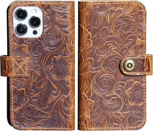 Miniatura 10 de Funda de cuero compatible con iPhone 16 Pro Wallet de 6.3 pulgadas, protección completa de piel auténtica a prueba de golpes, funda abatible