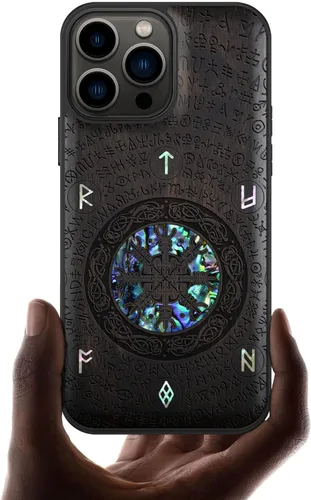 Miniatura 11 de Carveit Funda protectora de madera de diseñador para iPhone 13 Pro Max, cubierta magnética, grabado en madera e incrustaciones de concha, funda