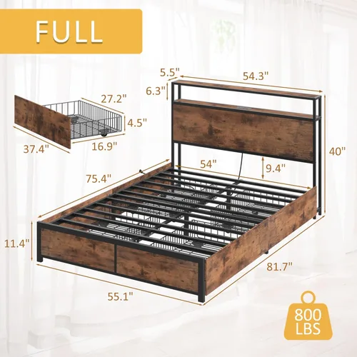 Miniatura 2 de Lifezone Estructura de Cama Full con Cabecero de Almacenamiento de 2 Niveles, Estructura de Cama de Plataforma de Metal con 4 Cajones de Marrón