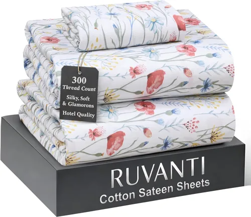 Miniatura 39 de RUVANTI Juego de sábanas de 100 % algodón tamaño matrimonial, tejido de satén suave y sedoso de 300 hilos, refrescante, ligero y transpirable, Beige