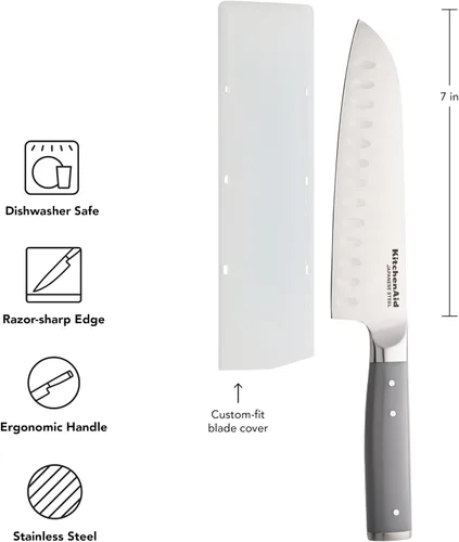 Miniatura 5 de KitchenAid Cuchillo Santoku forjado gourmet con cubierta de hoja de ajuste personalizado, cuchillo de cocina afilado, hoja de acero inoxidable Gris
