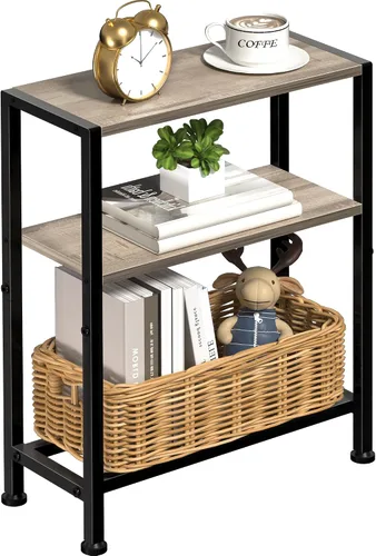 Miniatura 16 de Mesa auxiliar estrecha para espacios pequeños, mesa auxiliar pequeña de 2 niveles con soporte para estantes, mesita de noche delgada, mesa de sofá