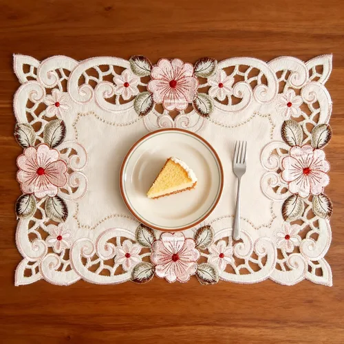 Miniatura 4 de Juego de 4 manteles individuales bordados con flores rosas, 17 x 11 pulgadas, rectangulares, clásicos, de encaje, beige, decoración del hogar