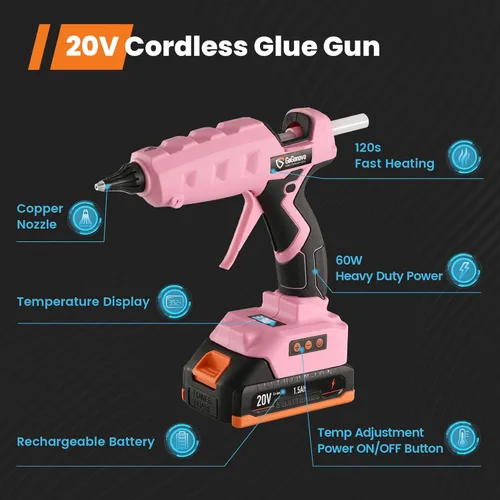 Miniatura 3 de Pistola de pegamento de tamaño completo inalámbrica, GoGonova 20V con ajuste de temperatura, pantalla LCD digital, calentamiento rápido, precisión