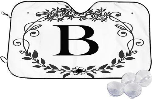 Miniatura 9 de Parasol para parabrisas de automóvil con inicial floral, ajuste universal, letra F, mantiene tu vehículo fresco. Reflector de calor y sol UV, negro