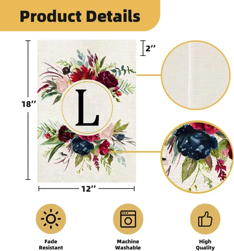 Miniatura 3 de Banderas de jardín con monograma de letra L, bandera de jardín de verano de 12 x 18 pulgadas, banderas florales de doble cara para patio, bandera