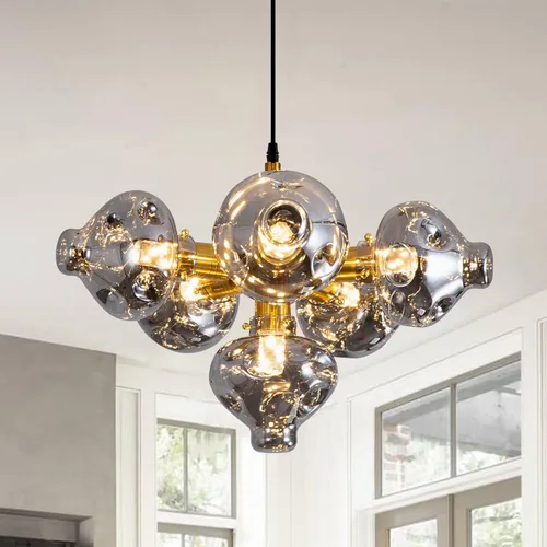 KELUOLY Lámpara de techo colgante de 6 luces, globo de mediados de siglo, color negro y dorado, gris ahumado, lámpara colgante vintage para