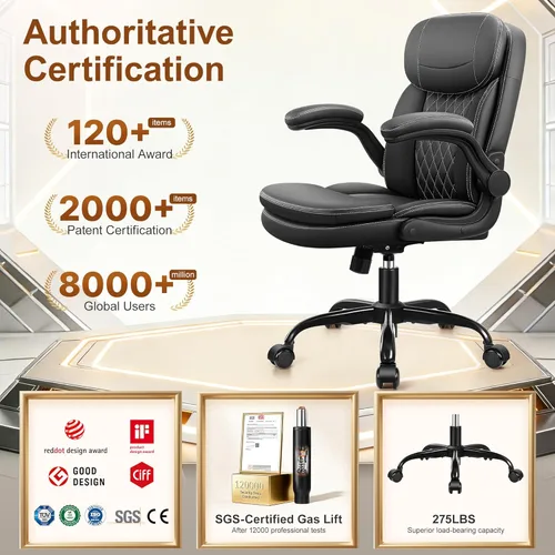 Miniatura 8 de Silla de oficina de cuero, sillas de escritorio de computadora de poliuretano mejoradas con cojín de asiento de doble capa y reposaespaldas, Negro