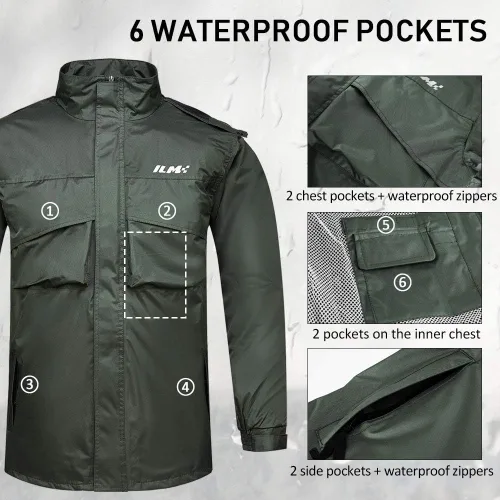 Miniatura 4 de ILM traje de lluvia para motocicleta, impermeable, 6 bolsillos, 2 piezas, chaqueta y pantalones, para hombre Verde del ejército-hombres