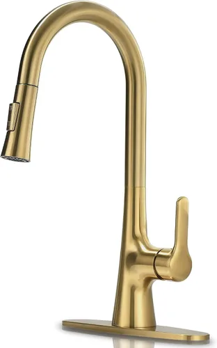 Grifo de cocina dorado cepillado, grifo de fregadero de cocina dorado de una sola manija con rociador extraíble, grifo de cocina moderno de latón de