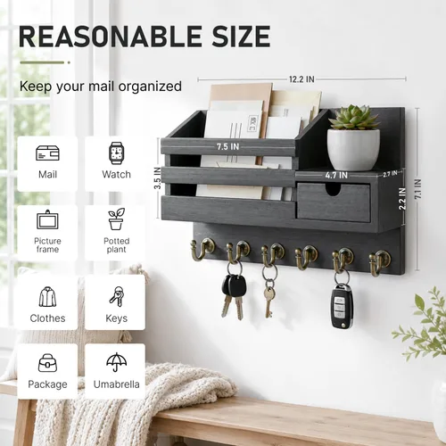 Miniatura 2 de FifthQuarter Soporte para llaves y correo para pared, organizador de correo con 6 ganchos y cajón de almacenamiento, soporte de llaves de fácil