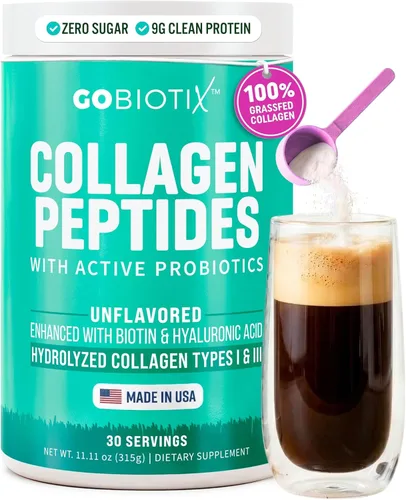 GOBIOTIX Polvo de péptidos de colágeno con probióticos, biotina y ácido hialurónico, suplemento de colágeno hidrolizado para mujeres, cabello, piel,