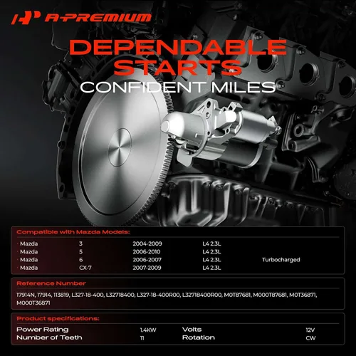 Miniatura 2 de Motor de Arranque A-Premium Compatible con Mazda 3 04-09, 5 06-10, 6 06-07, CX-7 07-09, L4 2.3L, 12V 1.4KW 11 Dientes en Sentido Horario, Reemplazo#