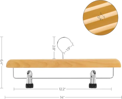 Miniatura 6 de SONGMICS Perchas de Madera para Pantalones, Paquete de 8 Perchas para Pantalones con Clips de Metal Ajustables Antioxidantes, Gancho Giratorio