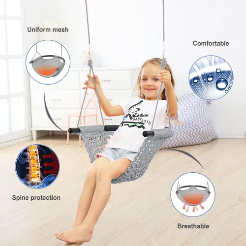 Miniatura 4 de Asiento de columpio para niños pequeños tejido a mano para niños con cuerdas ajustables, juego de columpios Little Tikes, para interiores y Gris