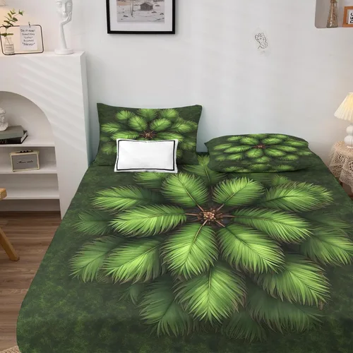 Miniatura 2 de Juego de sábanas de 3 piezas con diseño de palmera de hojas verdes, sábanas y fundas de almohada estampadas, sábana bajera ajustable de microfibra