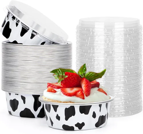 Miniatura 40 de Beasea Ramequines con tapas, 8oz 50 unidades de tazas de aluminio desechables para hornear, tazas de papel de aluminio plateado para creme brulee