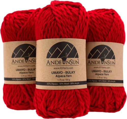 (3 madejas pequeñas y hermosas) Mezcla de hilo de alpaca Umayo [165 yardas en total] Rojo, #5 voluminoso