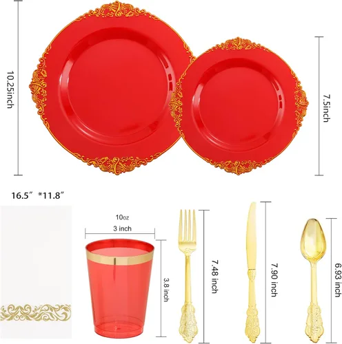 Miniatura 5 de Morejoy 175 platos de plástico rojo, platos desechables rojos con borde dorado, juego de vajilla de plástico rojo y dorado incluye: 50 platos, 25