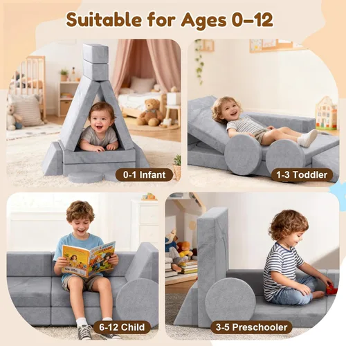 Miniatura 4 de Sofá para niños BIERUM, sofá modular para niños de 12 piezas con manta, sofá para niños para sala de juegos y interior, sofá convertible para niñas