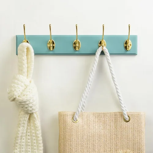 Miniatura 7 de Perchero de bambú para montaje en pared, 17 pulgadas, 5 ganchos dobles, azul y dorado Natural
