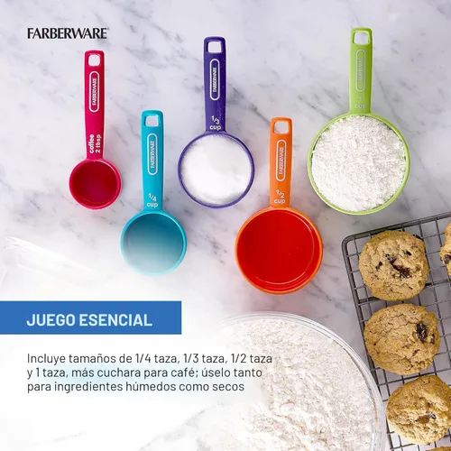 Miniatura 4 de FARBERWARE Juego de tazas medidoras de 5 piezas con cuchara de café, tazas medidoras de plástico duradero con marcas de fácil lectura, sin BPA, apto