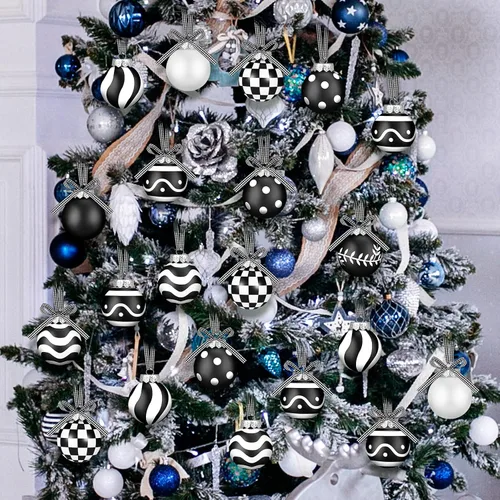 Miniatura 7 de Chuangdi 24 piezas Adornos de bola de Navidad para árbol, decoraciones de árbol de Navidad en negro y blanco, adornos modernos de bola colgante