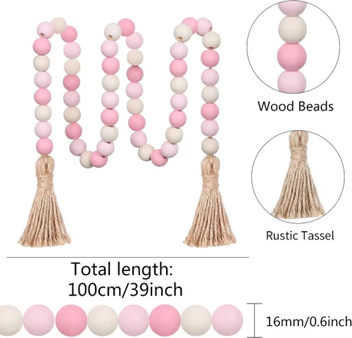 Miniatura 6 de Meplait Guirnalda de Cuentas de Madera, 39 pulgadas Cuentas de Estilo Granja con Borlas Cuentas Boho para Bandeja de Niveles Cuentas Decorativas