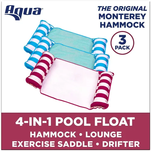 Miniatura 2 de Aqua Monterey - Hamaca flotante para piscina, paquete de 3, dos azul claro y uno borgoña/rayas blancas, paquete de 3
