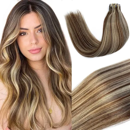 Miniatura 22 de Extensiones de cabello humano real con cinta, 20 piezas de cabello Remy invisible de doble cara, extensiones de cabello Remy con cinta adhesiva