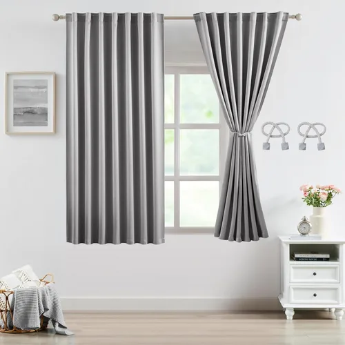 Miniatura 18 de Bujasso Cortinas de jacquard negras con bolsillo para barra, pestaña trasera y lazos de lujo, cortinas aisladas térmicamente para oscurecer