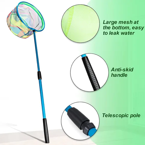 Miniatura 4 de Red de pesca para niños, paquete de 2 redes telescópicas de aterrizaje con mango de poste de aluminio, cubo de arena plegable, red de mariposa, red