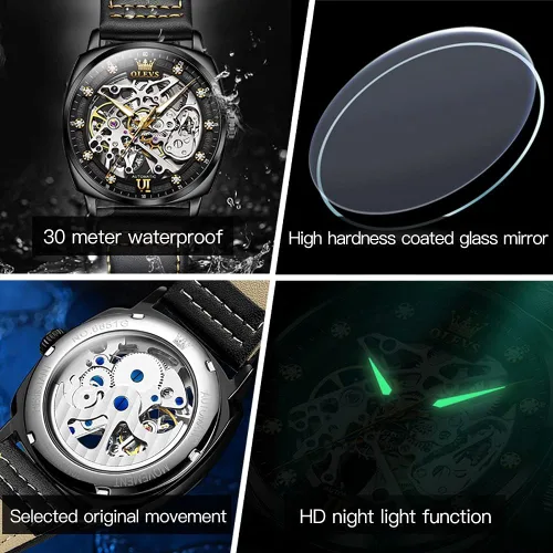 Miniatura 5 de OUPINKE Relojes automáticos de esqueleto para hombre, mecánica, cuerda automática, correa de cuero elegante, estilo steampunk, luminoso
