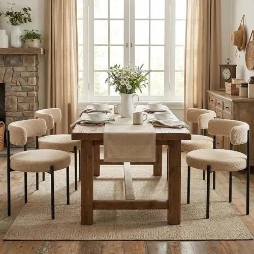 Miniatura 3 de Juego de 2 sillas de comedor Boucle, sillas de comedor beige con asiento tapizado y respaldo redondo, sillas de cocina modernas de mediados de siglo