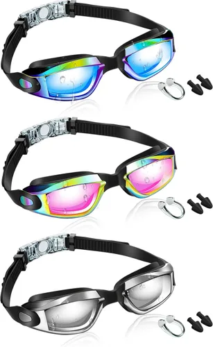 Miniatura 8 de Flutesan Paquete de 3 gafas de natación sin fugas, de silicona, antivaho con clip para la nariz, tapones para los oídos para adultos y niños, 3