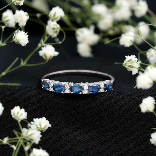 Miniatura 3 de Natural Blue Sapphire Diamond Wedding Band, AAA Quality, Blue Sapphire East West Ring For Women - Ideal For Gift