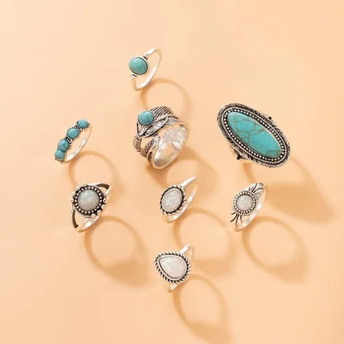 Miniatura 6 de Airvess Juego de anillos vintage para nudillos, anillos apilables de turquesa gruesa, anillos apilables de plata para los dedos, joyería bohemia