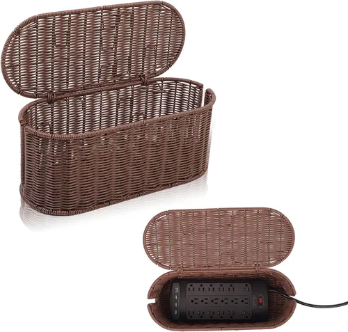 Miniatura 10 de Caja de organización de cables, organizador de cables de ratán hecho a mano con 2 ranuras abiertas, organizador de cables para regleta de Negro
